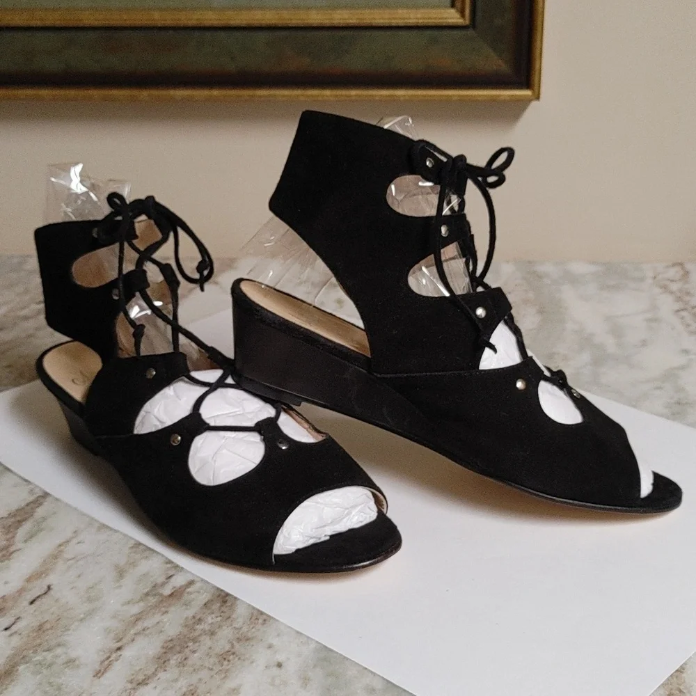 Amalfi By Rangoni Firenze Black Suede Wedge Lace Up Open Toe Ankle Sandals 8M